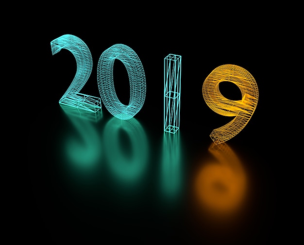 3d ilustracja 2019 nowego roku wireframe neonowe światło.