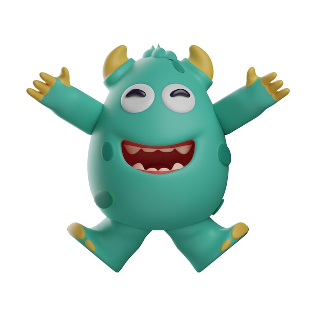 3D ilustracja 3D Cute Monster Cartoon Image otwiera swoje ramiona szeroko z szczęśliwym pokazem skakania