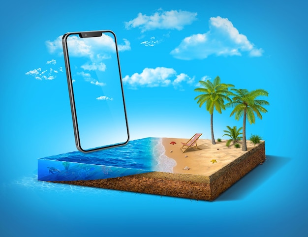 3d ilustracja 3d izometryczna plaża ze smartfonem i palmami. przekrój błękitnego oceanu.