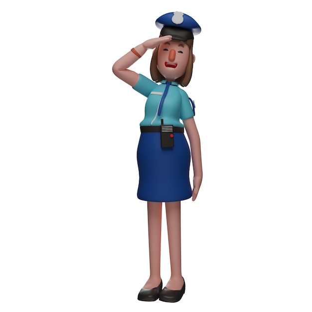 3D ilustracja 3D Kobieta policjantka Character Design pokazujący pełną szacunku pozę pokazujący piękny uśmiech