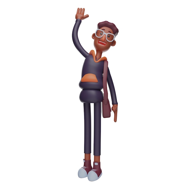 3D ilustracja 3D Student Cartoon Character machający nosząc uroczą torbę z fajnymi pozycjami 3D Cart