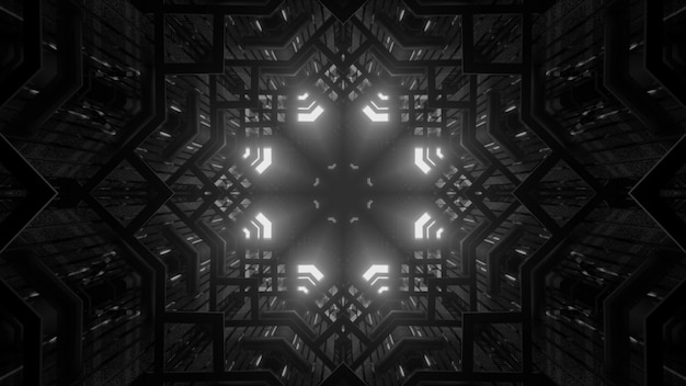 3d ilustracja 4K UHD abstrakcyjne tło ciemnego kalejdoskopowego korytarza z białym oświetleniem neonowym