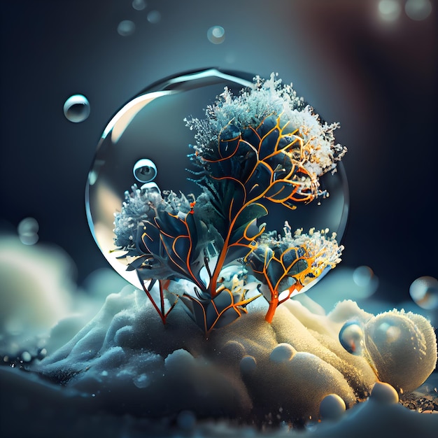 3d ilustracja abstrakcjonistycznego tła z kryształową kulą i drzewem w wodzie