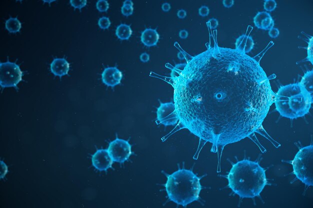 3d ilustracja abstrakcyjna infekcja wirusowa powodująca chorobę przewlekłą. Wirusy zapalenia wątroby, wirus grypy H1N1, grypa, organizm infekujący komórki, środki pomocnicze. Wirus streszczenie tło.