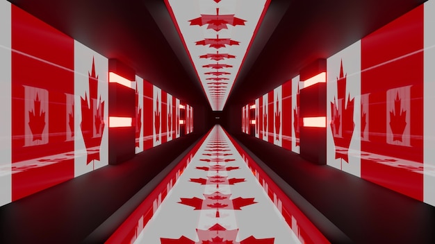 3d ilustracja abstrakcyjnego tła 4K UHD geometrycznego futurystycznego korytarza w stylu kanadyjskiej flagi narodowej świecącej czerwonym światłem