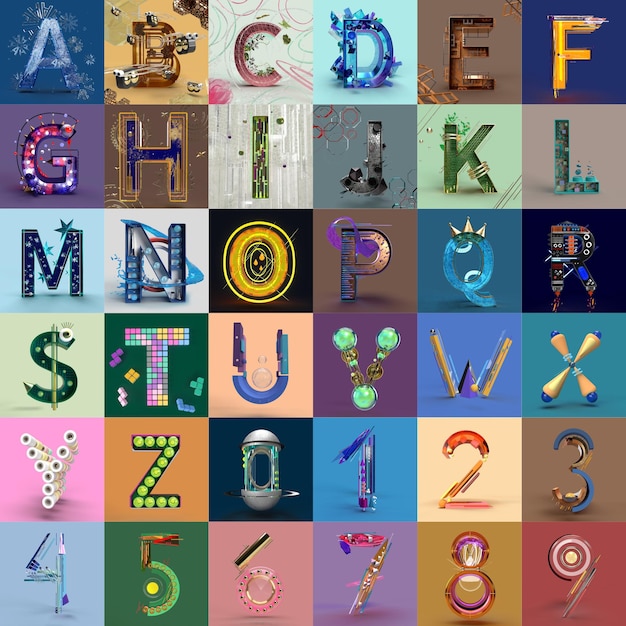 Zdjęcie 3d ilustracja alfabetu z literami i cyframi