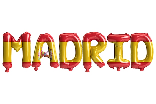 3d ilustracja balonów stolicy Madrytu z kolorem flag Hiszpanii na białym tle
