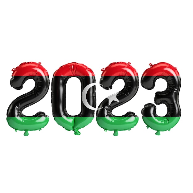 3d ilustracja balonów z 2023 roku z flagą Libii na białym tle