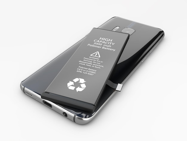 3d ilustracja baterii i telefonu komórkowego na białym tle szary