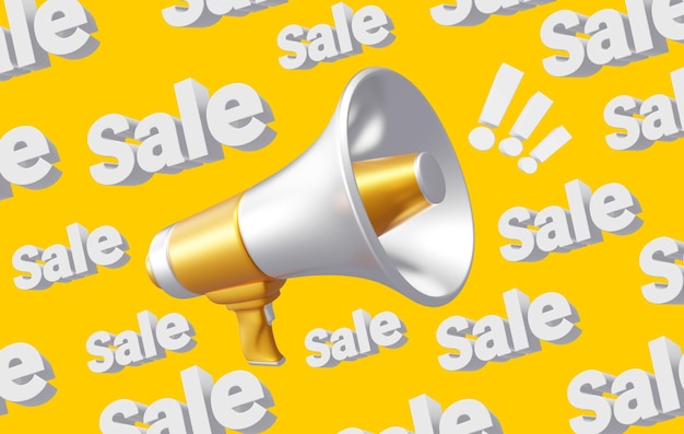 Zdjęcie 3d ilustracja białego i złotego megafonu na żółtym tle z słowem sprzedaż czas do sprzedaży marketingowej 3d styl projektowania banera drukowania plakatów internetowych