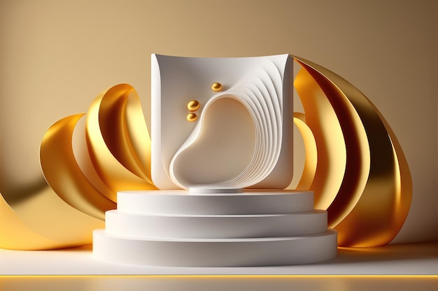 3D ilustracja białego obiektu ze złotymi i złotymi akcentami.
