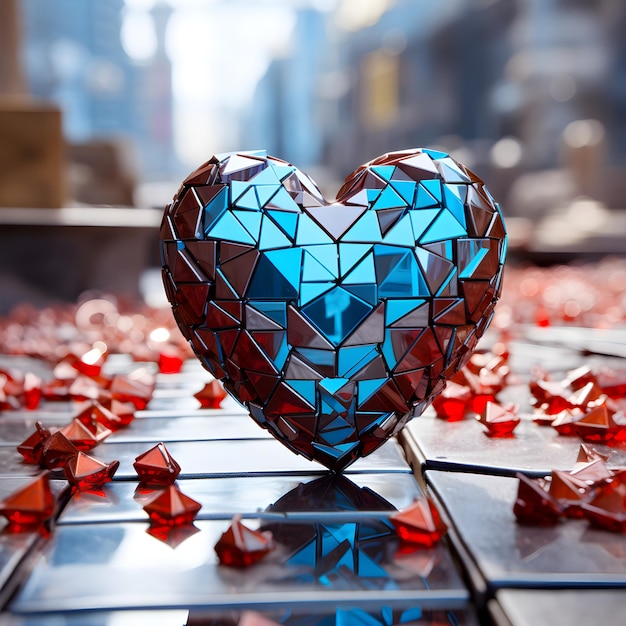3D ilustracja błyszczącego serca wykonanego z metalu czerwonego i niebieskiego kontrastowego obrazu przekazuje miłość zrozumienie nadzieja szczęście odwaga równowaga władzy i pokój To zależy od widzów do interpretacji