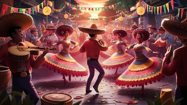 Zdjęcie 3d ilustracja cinco de mayo przedstawiająca kolorowe fiesta z tradycyjnymi meksykańskimi elementami