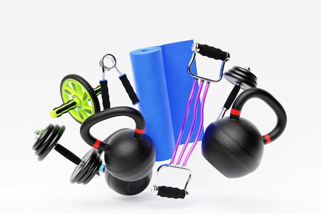 Zdjęcie 3d ilustracja czarne hantle gimnastyczna mata rolkowa kettlebells i opaski fitness na jasnym kolorowym tle czas zmienić koncepcję ciała