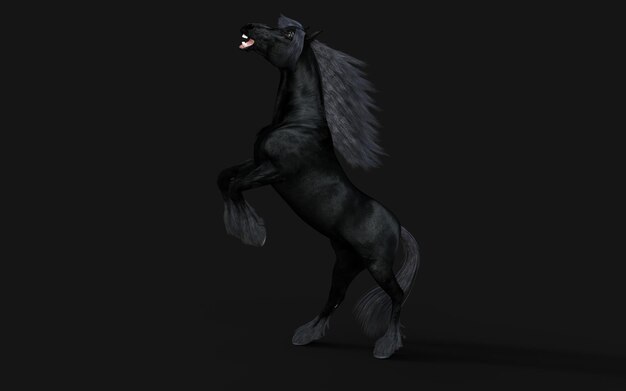 3D ilustracja czarnego konia z czarną grzywą na czarnym tle ze ścieżką przycinającą