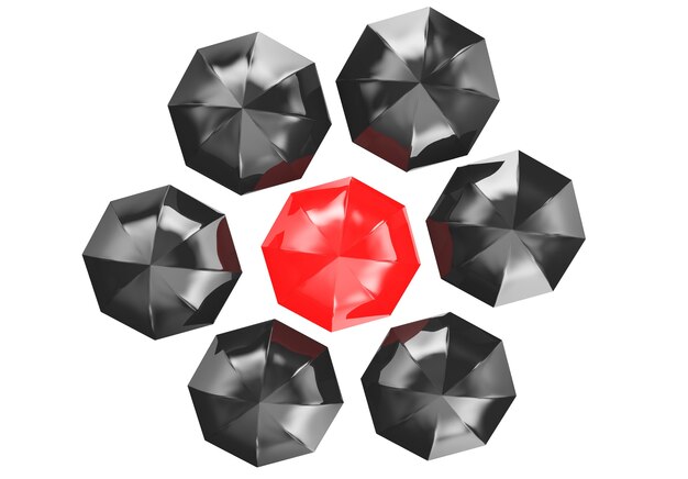 3d ilustracja czerwonego parasola pośrodku kilku czarnych parasoli