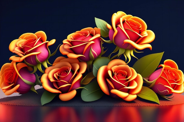3D ilustracja czerwonych i żółtych kwiatów róży na ciemnym niebieskim tle