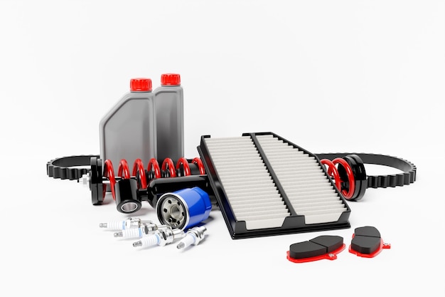 3d ilustracja części samochodowych amortyzatory samochodowe kanister oleju paliwa i filtry powietrza na białym tle Części do naprawy samochodów