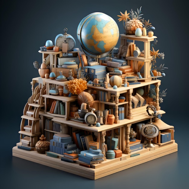 3D ilustracja drewnianego domu z zabawkami z kulą na górze.