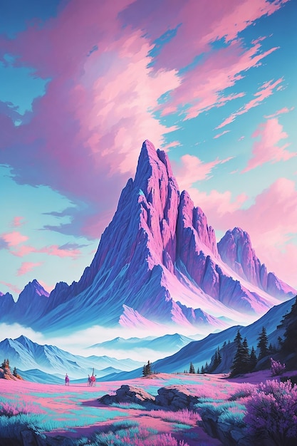 3d ilustracja fantastycznego krajobrazu szczytów gór przy zachodzie słońca