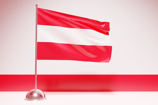 3D ilustracja flagi narodowej Austrii na metalowym maszcie trzepoczącym. Symbol kraju.