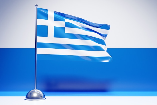 3D ilustracja flagi narodowej Grecji na metalowym maszcie trzepoczącym. Symbol kraju.