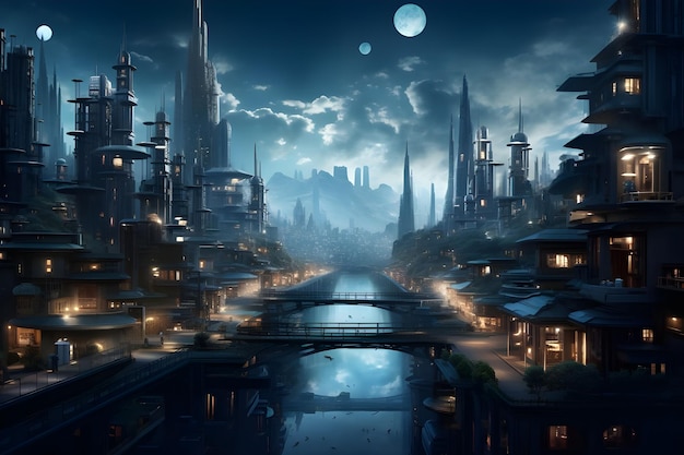 3D ilustracja futurystycznego miasta w nocy Cityscape
