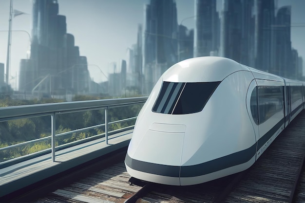 3d ilustracja futurystycznego nowoczesnego pociągu poruszającego się szybko i cicho w mieście