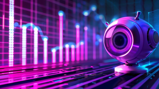 3D ilustracja futurystycznej kamery bezpieczeństwa z świecącym fioletowym okiem