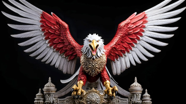 3D ilustracja garuda pancasila z czerwonymi skrzydłami na tle chmur Indonezja Garuda