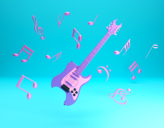 3d ilustracja gitara i nuty unoszące się na wodzie