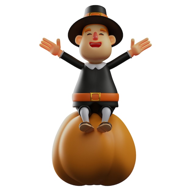 3D ilustracja Happy Face Thanksgiving Pilgrim Man 3D kreskówka siedząca na gigantycznej dyni