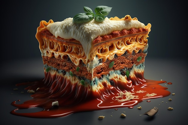 3d ilustracja Kawałek smacznej gorącej lasagne podawanej z liściem bazylii na szarym talerzu. Kuchnia włoska