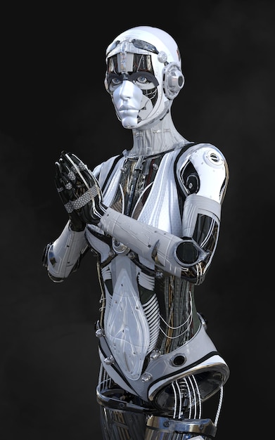 3d ilustracja kobiety AI cyborg pozują na czarnym tle z wycinaniem ścieżki projektu AI