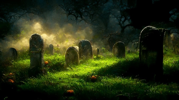 Zdjęcie 3d ilustracja koncepcji halloween ciemne tło zamku i cmentarz horror background