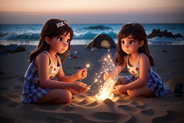 3D ilustracja koncepcji letnich wakacji Dwie małe dziewczynki bawiące się piaskiem na plaży