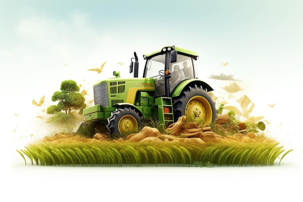 3D ilustracja krajobraz pola rolnictwa na białym tle z ciągnikiem