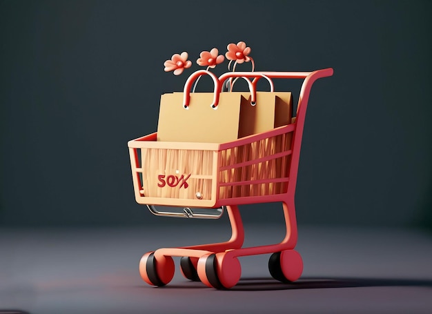 3D ilustracja kreskówka przedstawiająca koszyk z paczką i torbami na zakupy w pastelowym tle
