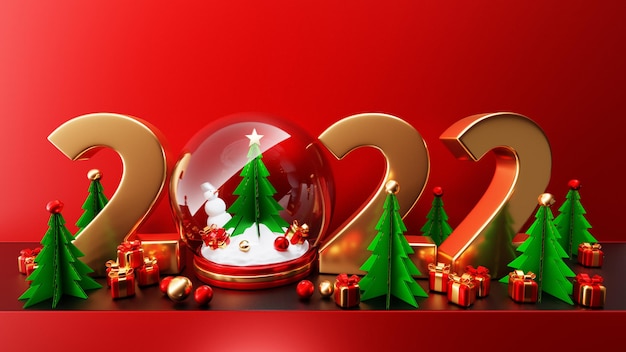 3d ilustracja kreskówka szczęśliwego nowego roku 2022 kartkę z życzeniami: nowy rok bałwan z prezentami, szklana kula śnieżna z choinką, retro samochody pod magicznymi latarniami w nocy. Świąteczna kula śnieżna