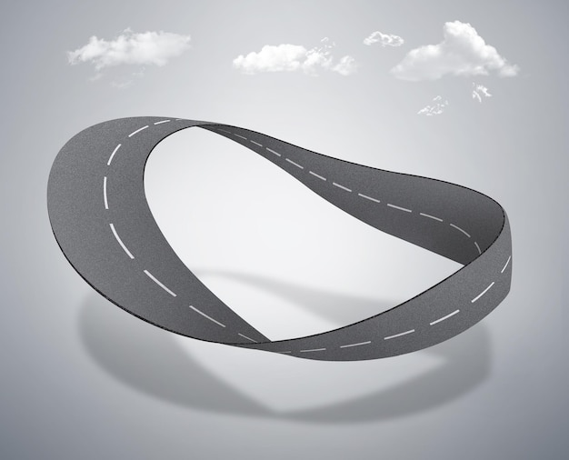 3d ilustracja latającego okrągłego projektu drogowego latającego asfaltowej drogi lub toru wyścigowego izolowanego chmurami