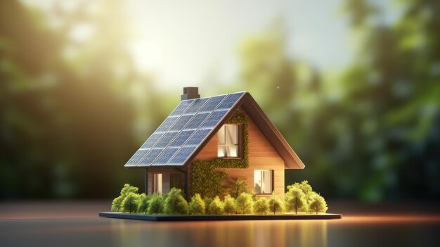 3d ilustracja małego domu z dachem słonecznym na górze i zielonym naturalnym wokół