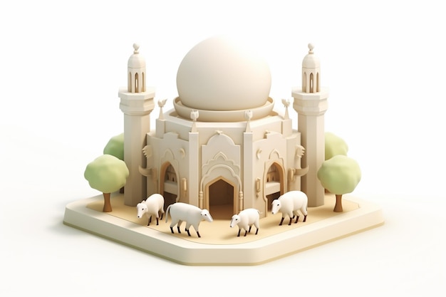 3d ilustracja meczet z białą kopułą i niektóre owce