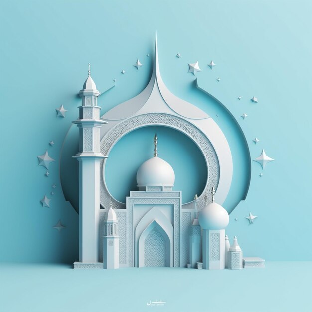 3D ilustracja meczetu z jasno niebieskim księżycem