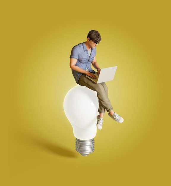 3D ilustracja mężczyzna siedzi na żarówce z laptopem Mężczyzna siedzi na idei