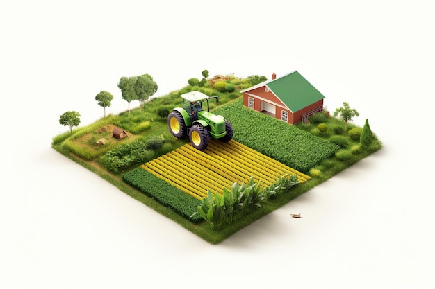 3D ilustracja mini krajobraz pola rolnictwa na białym tle z domu i ciągników