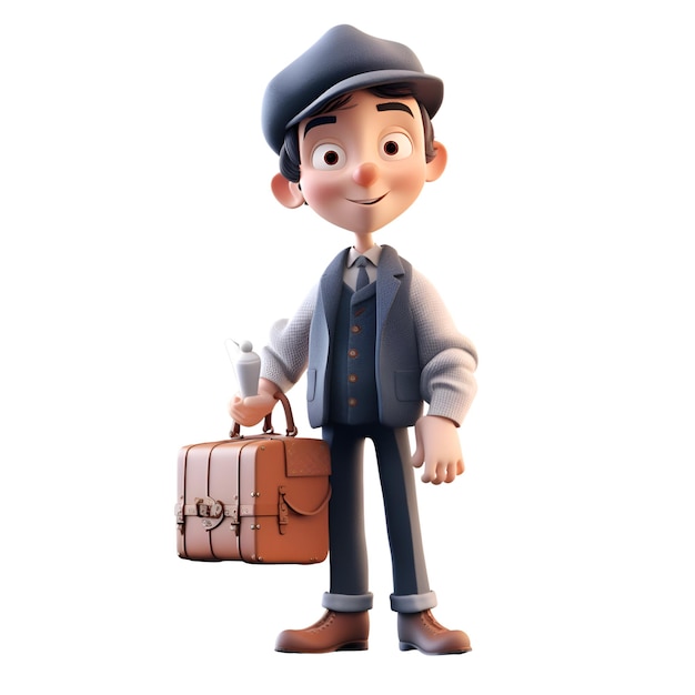 3d ilustracja młodego mężczyzny z walizką i czapką