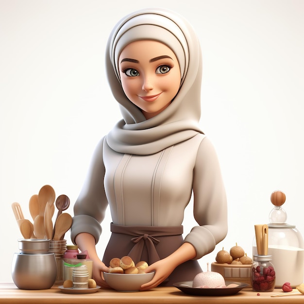 3D ilustracja młodej muzułmańskiej kobiety gotującej w kuchni Ai Generated
