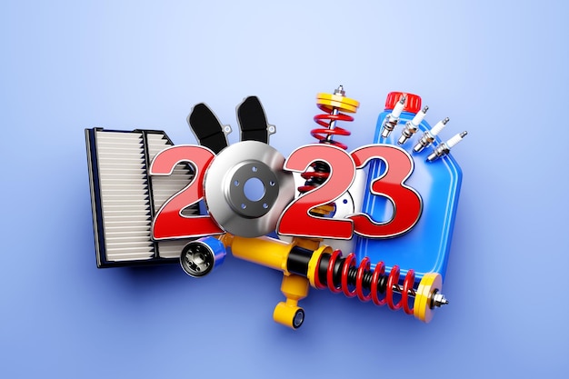 3d ilustracja napis 2023 i auto części samochodu na niebieskim tle na białym tle Części do naprawy samochodów Koncepcja nowego roku i świąt Bożego Narodzenia w dziedzinie motoryzacji