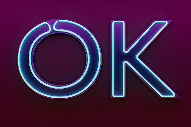 3d ilustracja neon znak ze słowami OK.