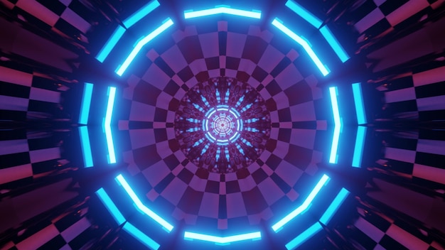 3d ilustracja niekończącego się tunelu wirtualnego świata z okrągłymi komórkami i świecącymi neonowymi ramkami dla abstrakcyjnego futurystycznego tła